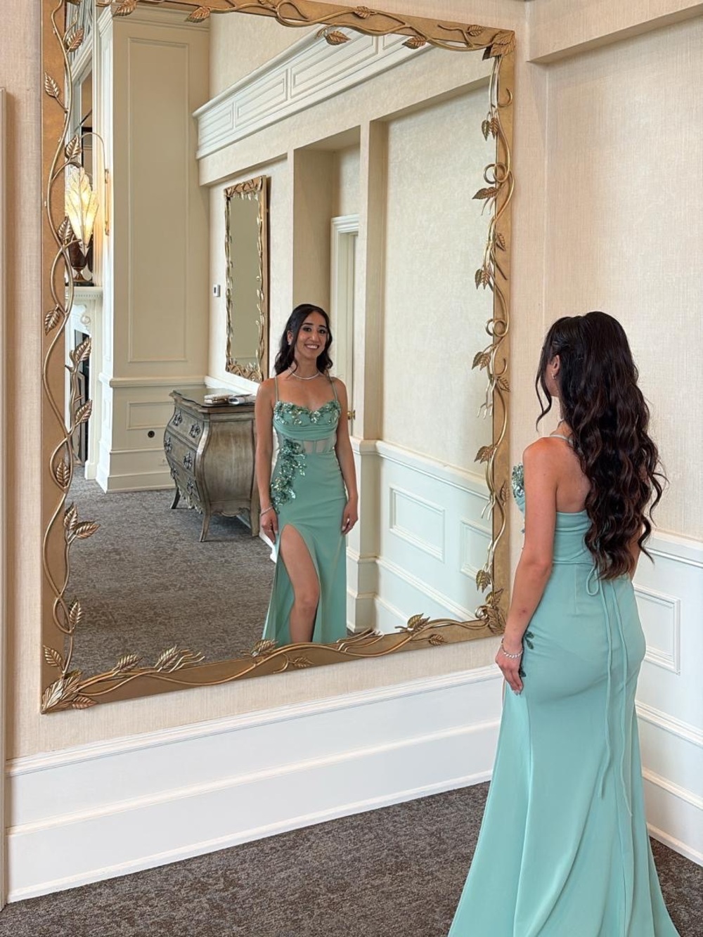 SHEIN Mint Green Strappy Floral Applique Prom Dress